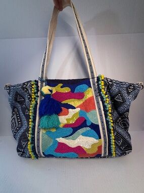 NWOT American & Beyond Boho Beaded Tote Bag w/ Tassel Denim Blue Pom Pom